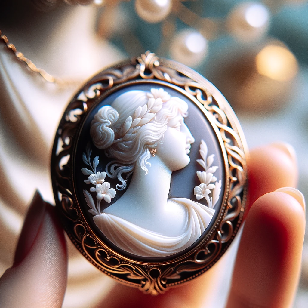 Close-up of an elegant cameo jewelry featuring a classical woman's profile carved in white on a dark background, encased in a delicate gold frame.