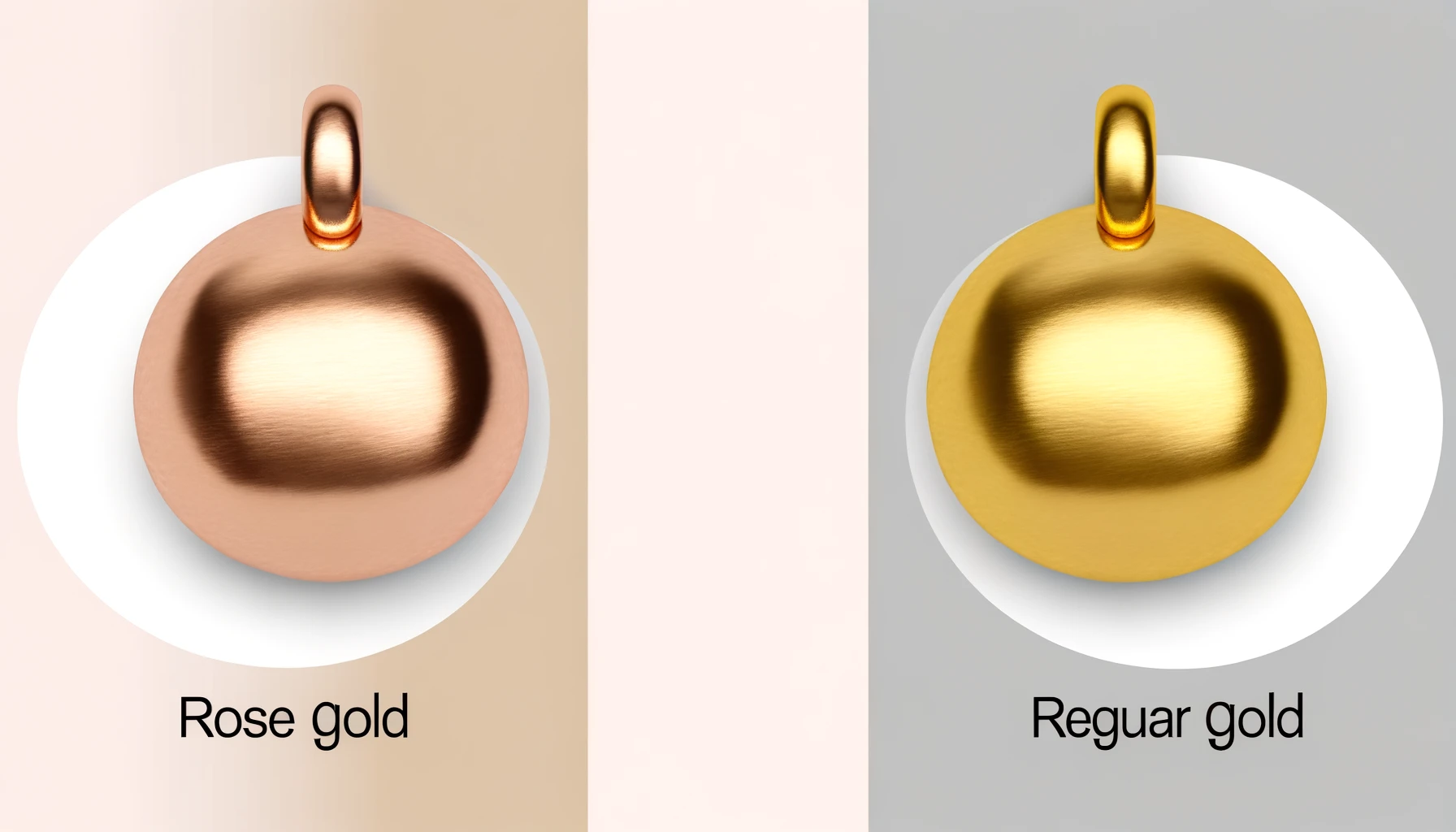 Horizontal comparison of rose gold and regular gold objects, with rose gold displaying its pinkish hue on the left and regular gold showcasing its yellow luster on the right against a neutral background.
