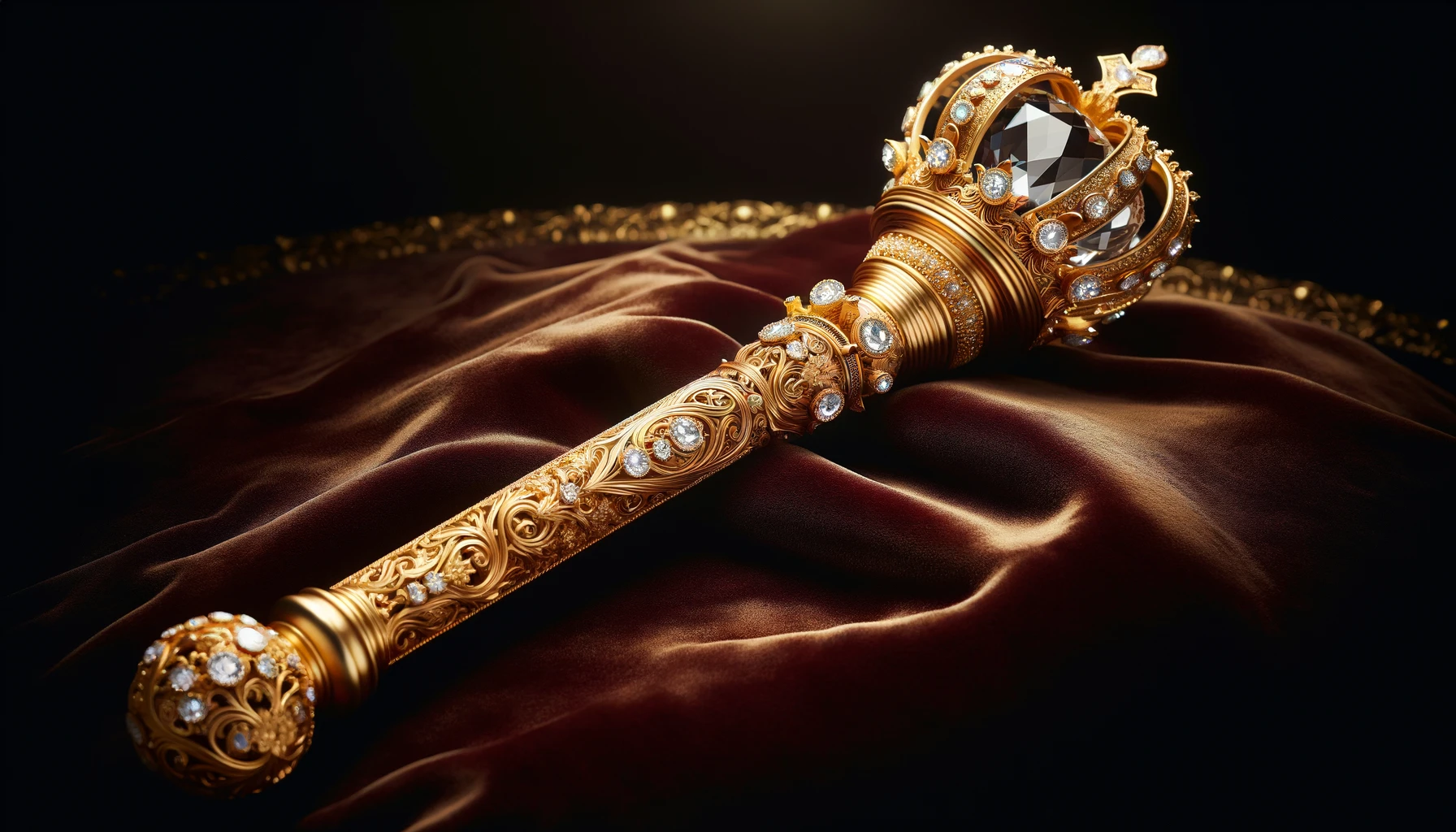 Luxurious gold scepter with intricate patterns and precious gems on velvet surface