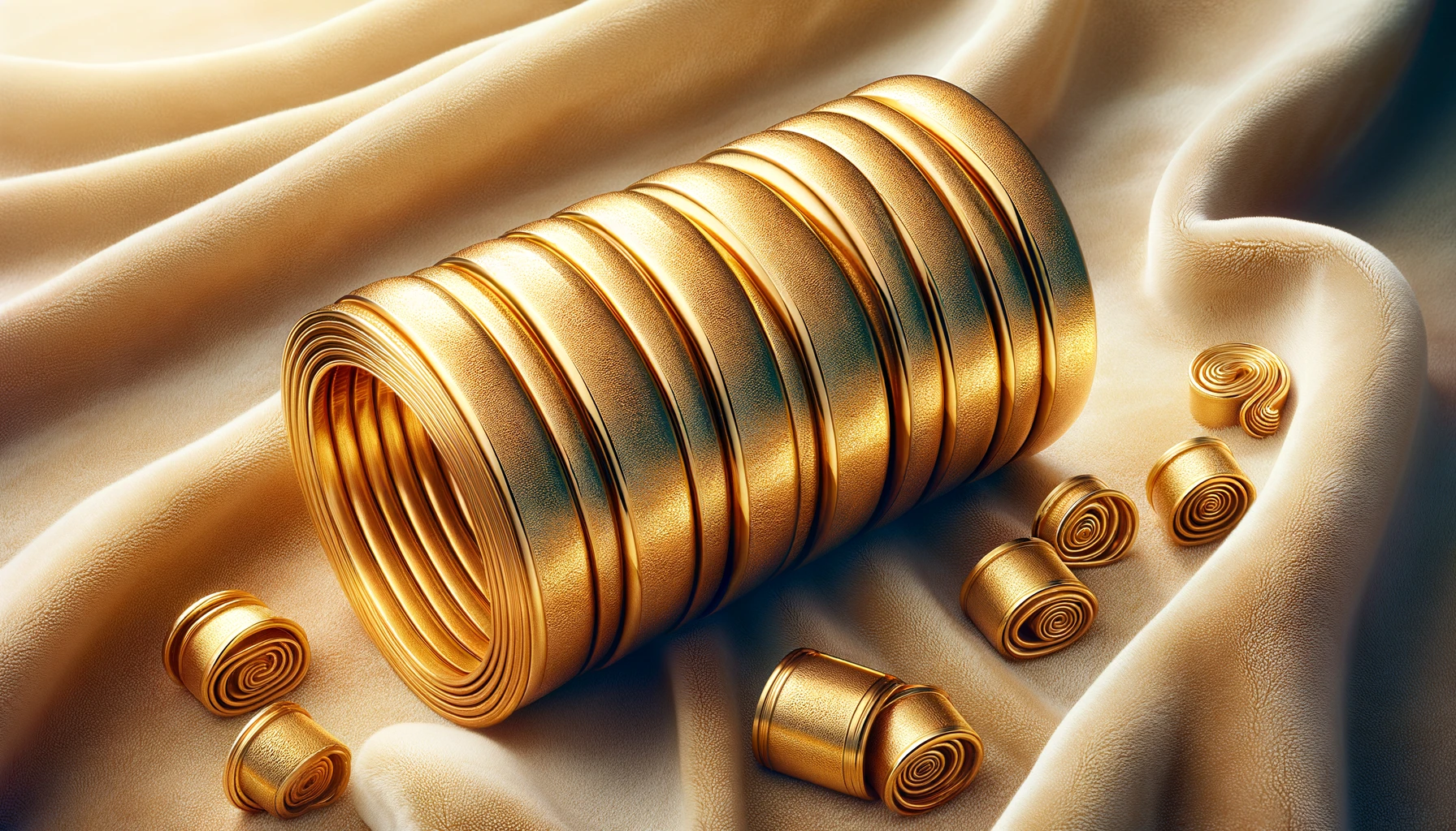Panoramic view of rolled gold jewelry on a soft, velvety surface highlighting its luster and intricate craftsmanship