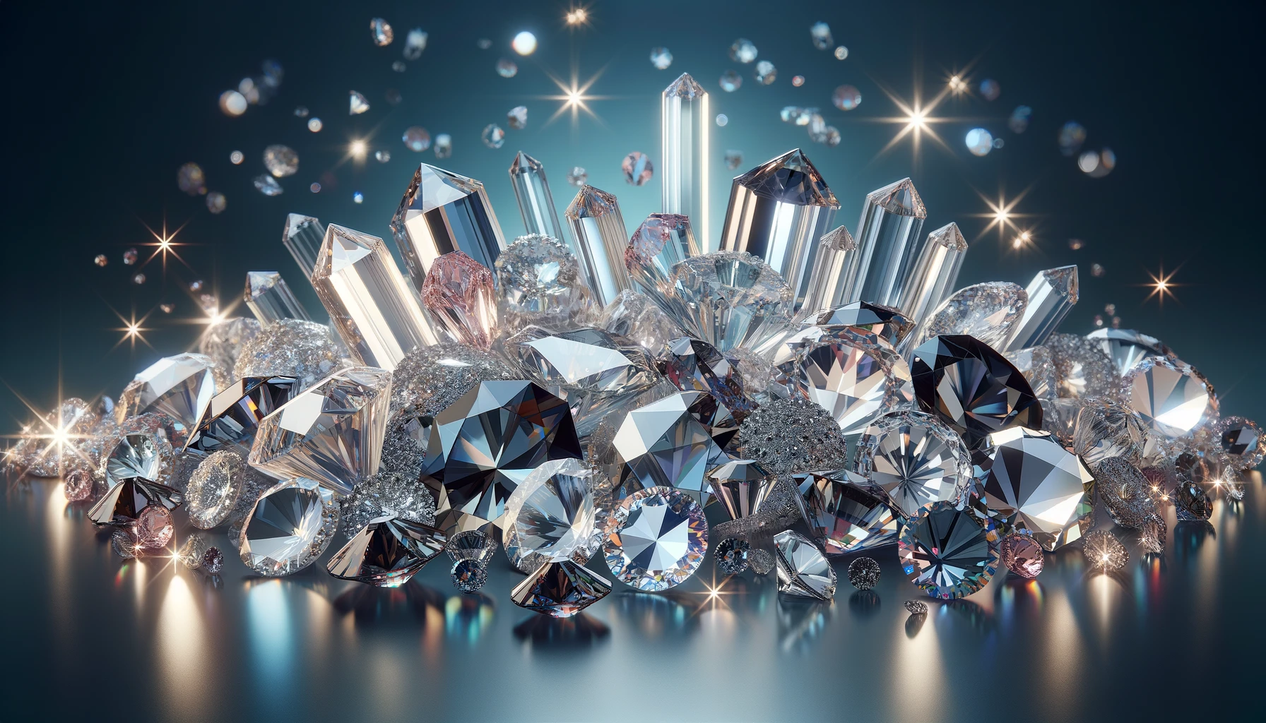 Wide, horizontal display of Swarovski® crystals in various shapes and colors, highlighting their sparkle and precision cuts against a simple, elegant background