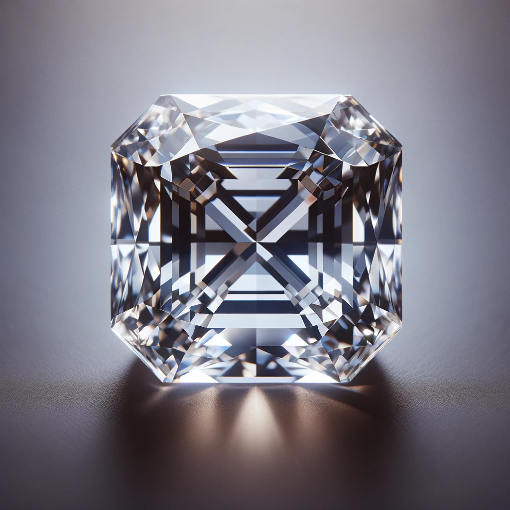Luxurious Asscher cut diamond with unique square shape and deeply cropped corners on a soft neutral background, emphasizing its clarity and brilliance.