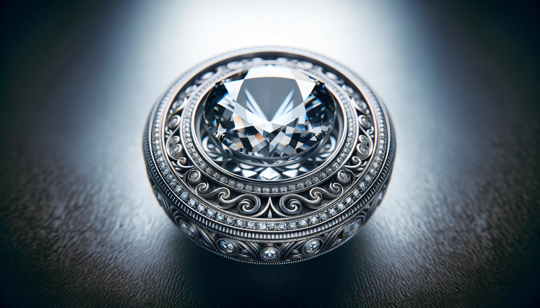 close-up of a bezel setting surrounding a gemstone, showcasing intricate design details against a subtle background