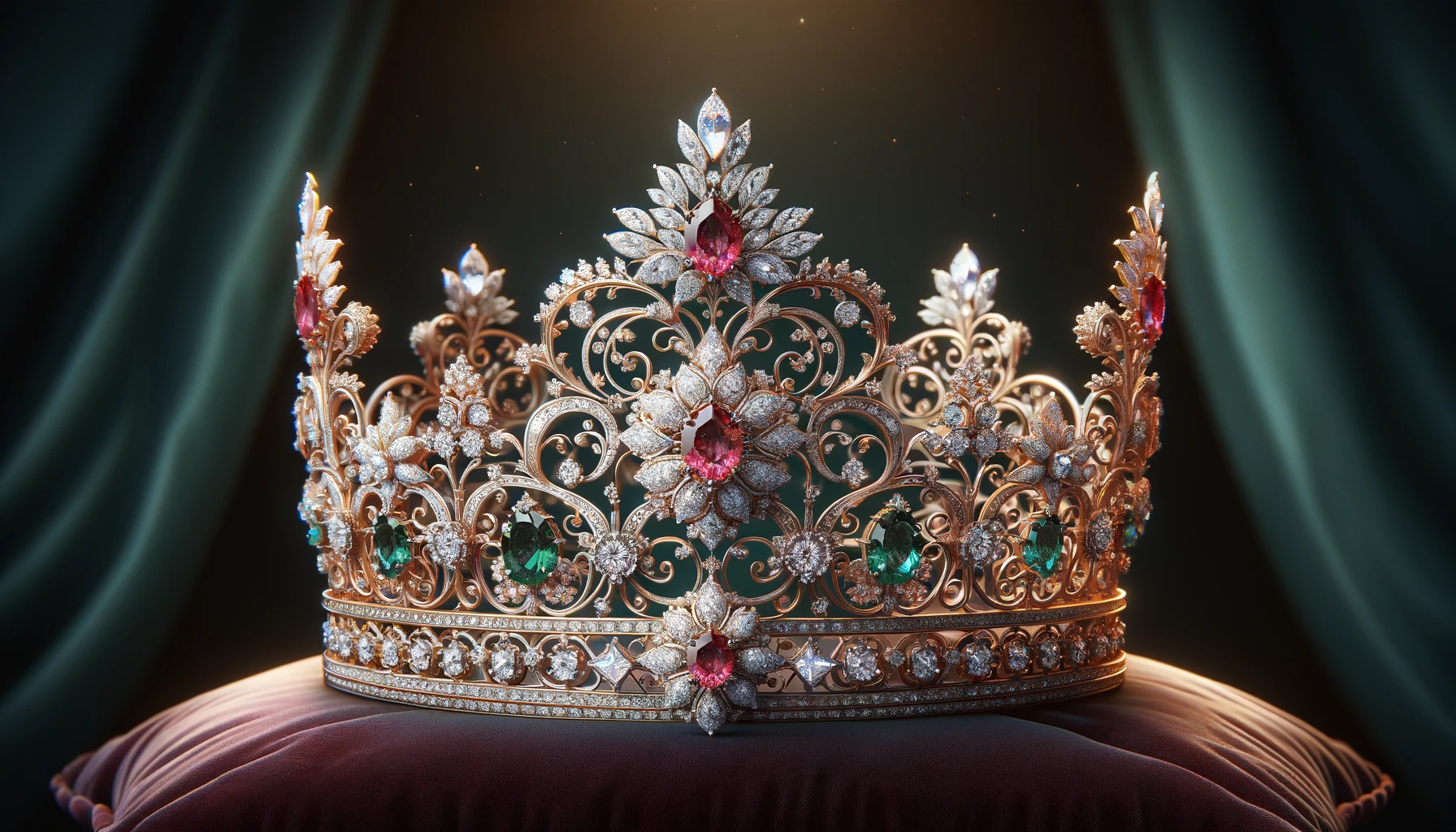 A luxurious and opulent tiara adorned with an abundance of precious gems including diamonds, rubies, and sapphires, set in intricately crafted gold or platinum, featuring filigree patterns and floral motifs, presented on a regal background.