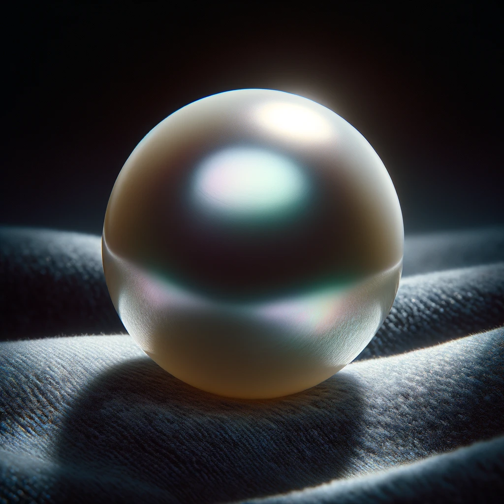 Close-up of a single cultured pearl on dark velvet background, showcasing its smooth, lustrous surface with subtle color reflections.