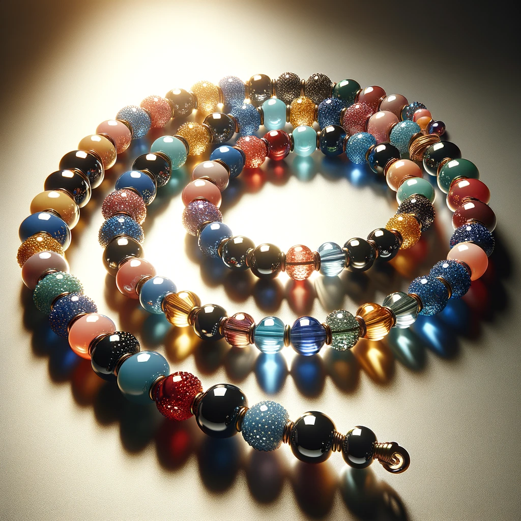 Colorful bead chain laid in a gentle curve on a neutral background, highlighting the glossy, multi-colored beads.