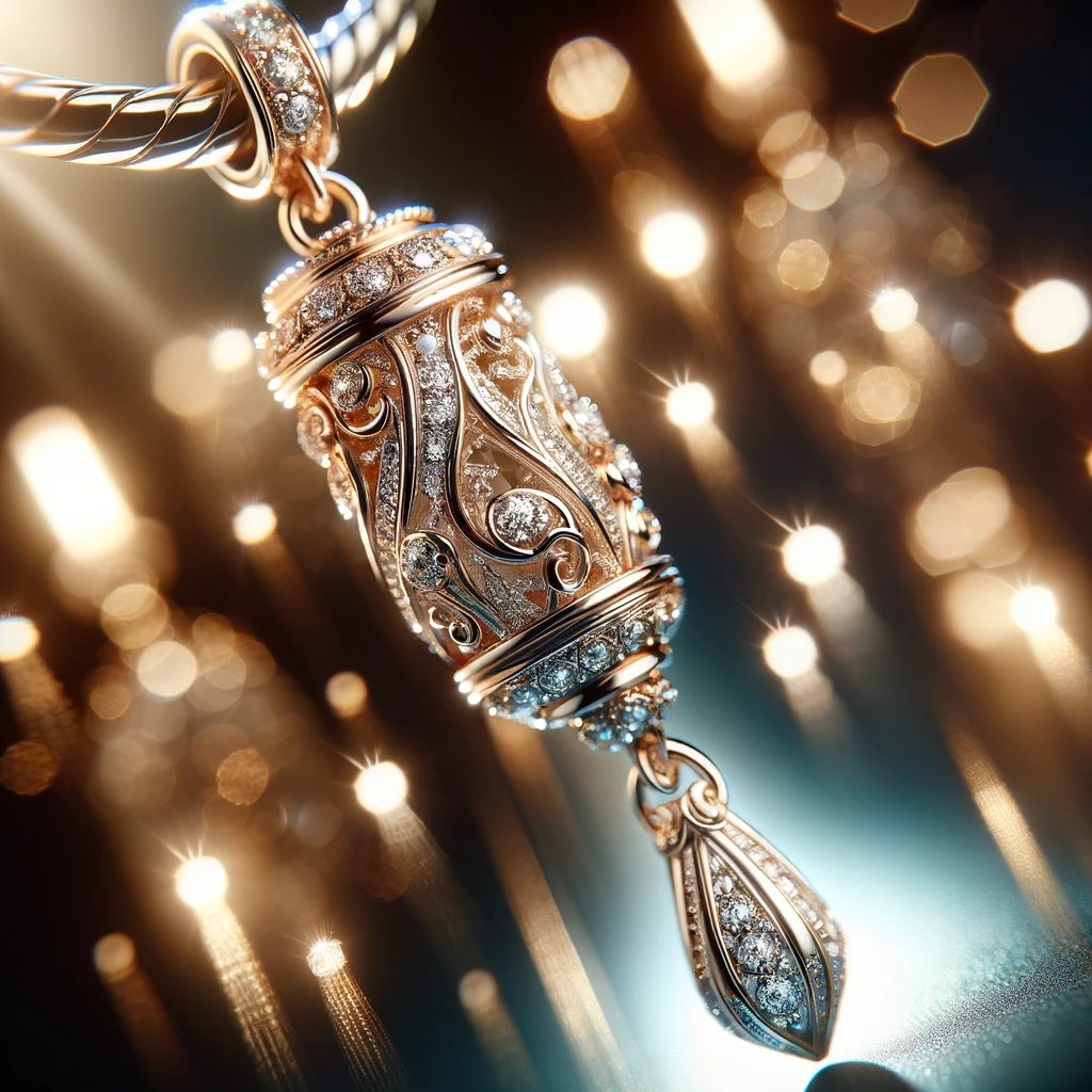 Luxurious dangling jewelry charm with intricate designs, crafted from gold or silver and embellished with sparkling gemstones, against a soft, blurred background.