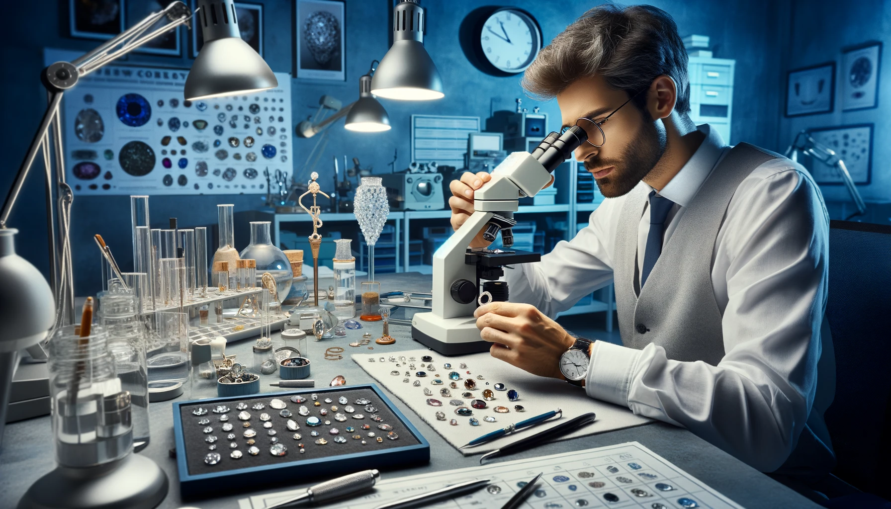 Gemologist examining a precious gemstone with a jeweler's loupe in a well-lit, organized gemology lab, surrounded by various tools and instruments.